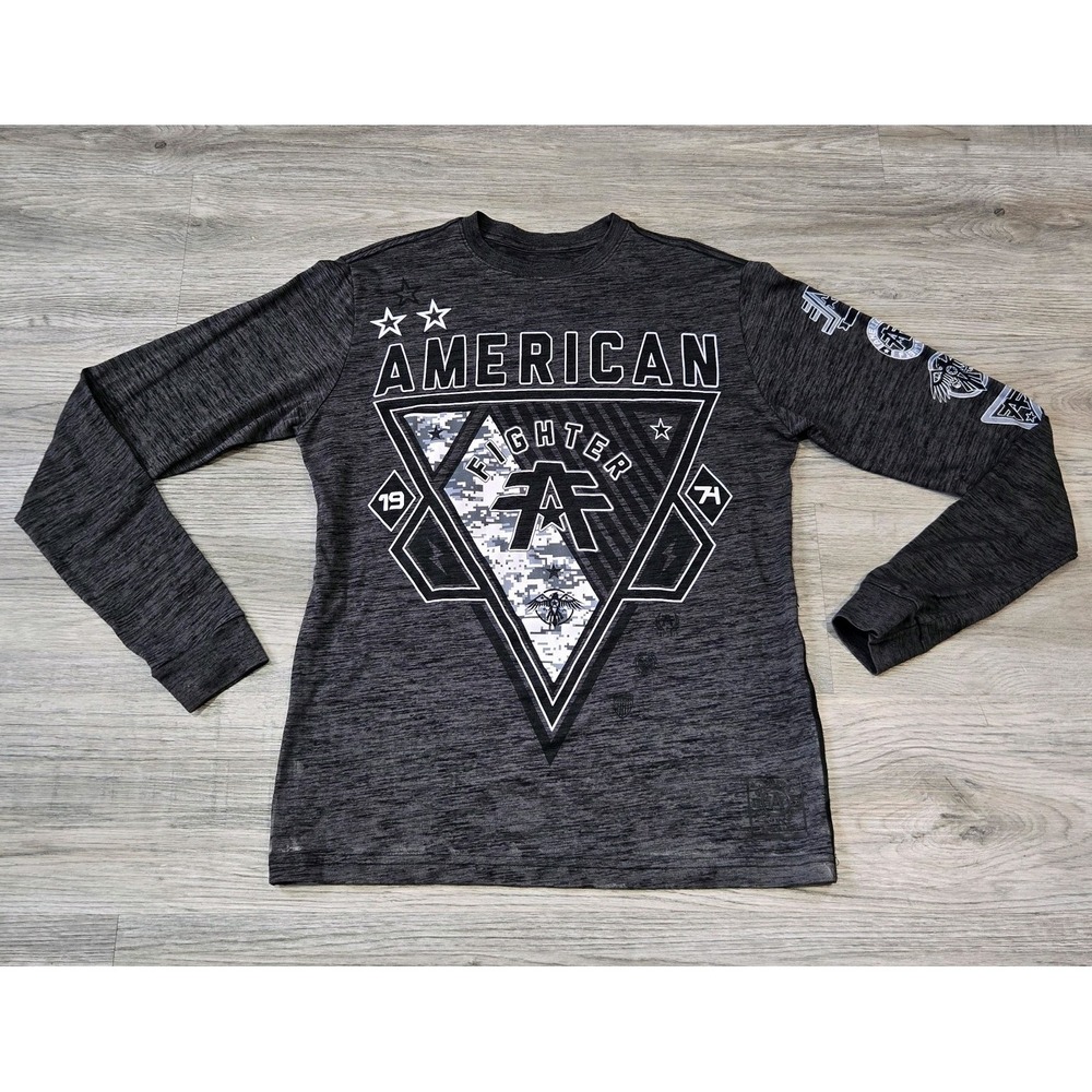American Fighter Men's Long Sleeve Graphic Shirt Gray Black White Size S